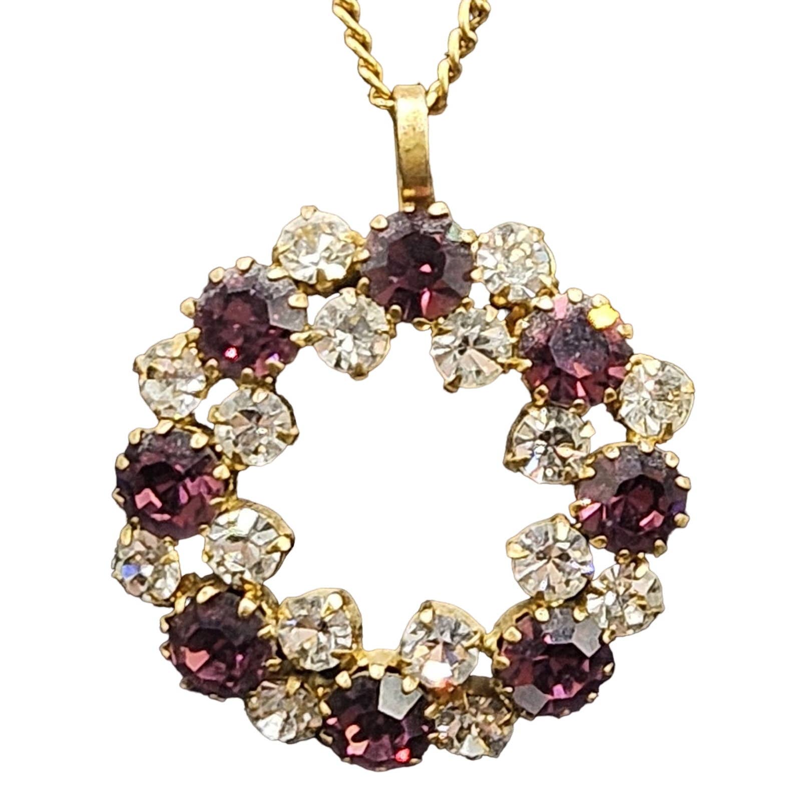 Vtg Made Austria Purple & Crystal Rhinestones Circle Goldtone Pendant Necklace